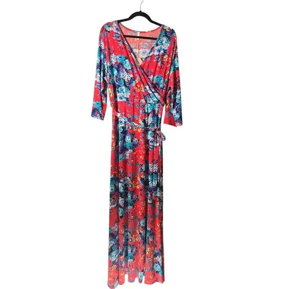 Pink Blush Women's Floral Print Belted Faux Wrap Maxi Dress Red Blue Size 3XL - Picture 1 of 4